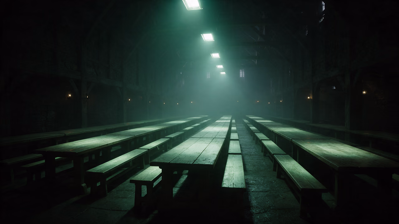 Illustration: Long empty communal tables and benches in a dark hall under green light.