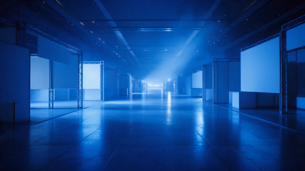 Illustration: An empty exhibition hall aisle at night, blank stand panels receding in blue light.