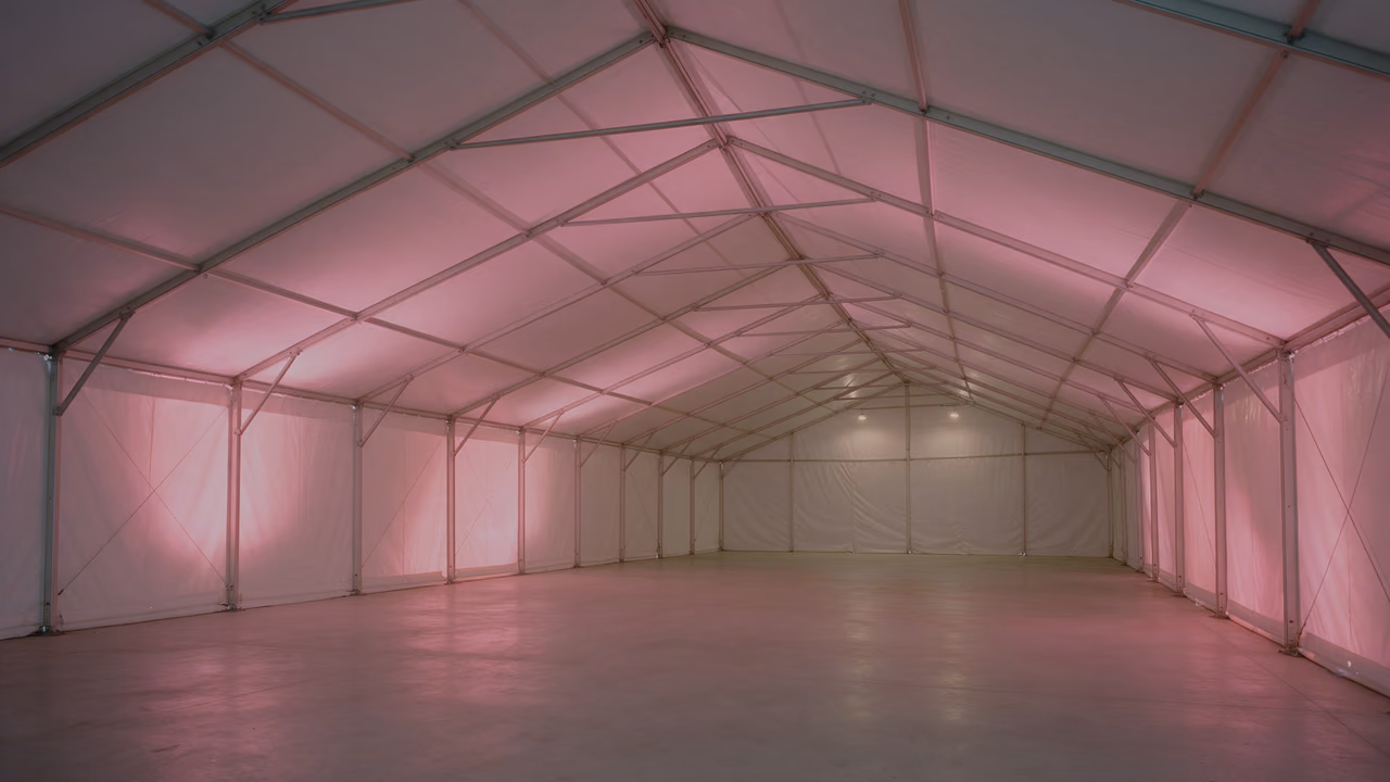 Illustration: The inside of an empty white marquee at night, its steel truss lit pink through the fabric.