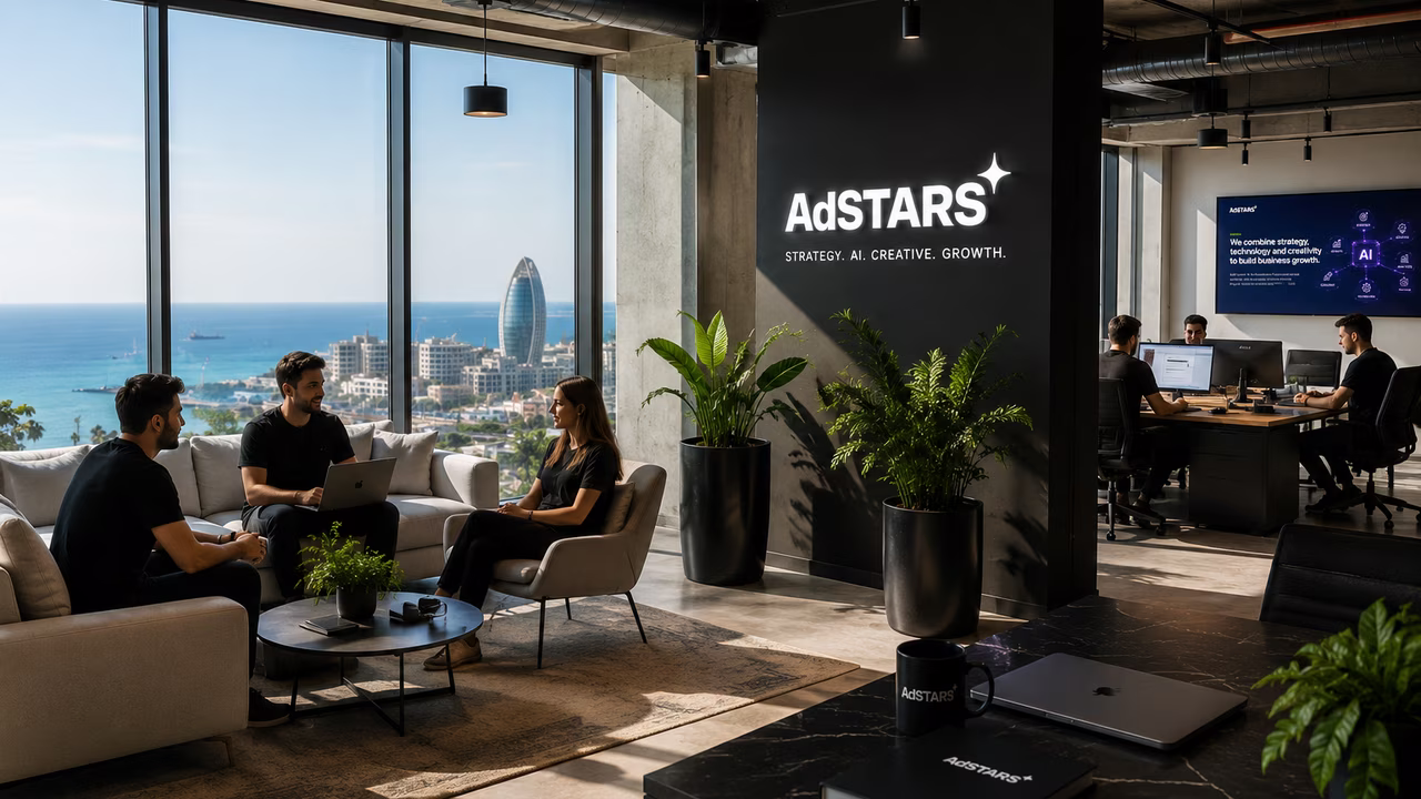 The AdSTARS office: an open-plan floor above a coastline, the logo wall at its centre, with people talking in a lounge area and working at desks.