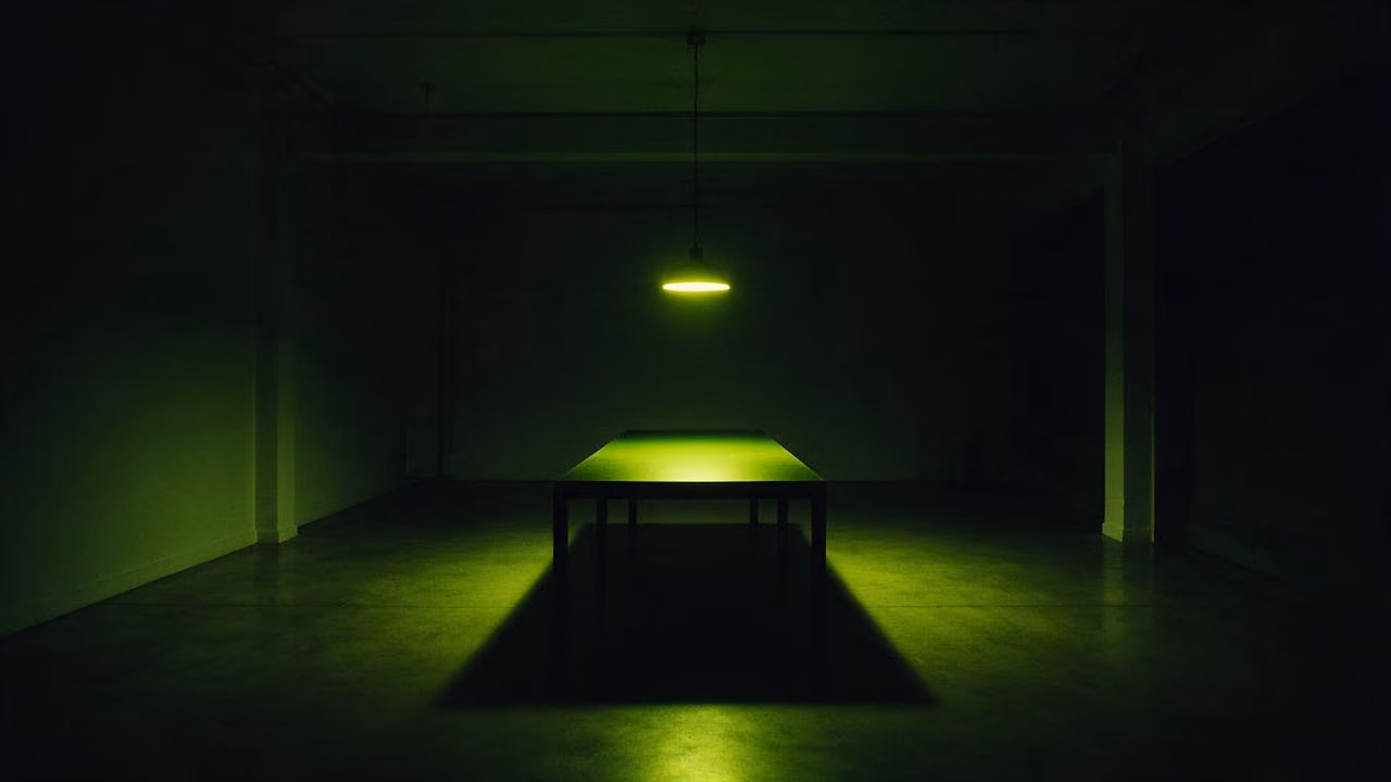 An empty studio floor at night, a long table lit end to end by one green pendant.