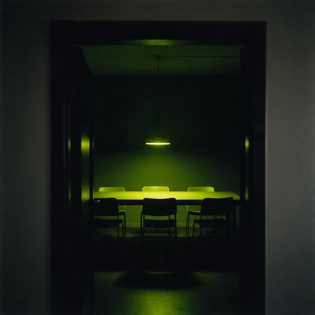 A dark meeting room seen through an open doorway, its table lit by a low green lamp.