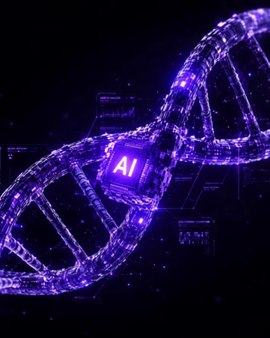 A luminous double helix turning in darkness, an AI chip module mounted at its centre.
