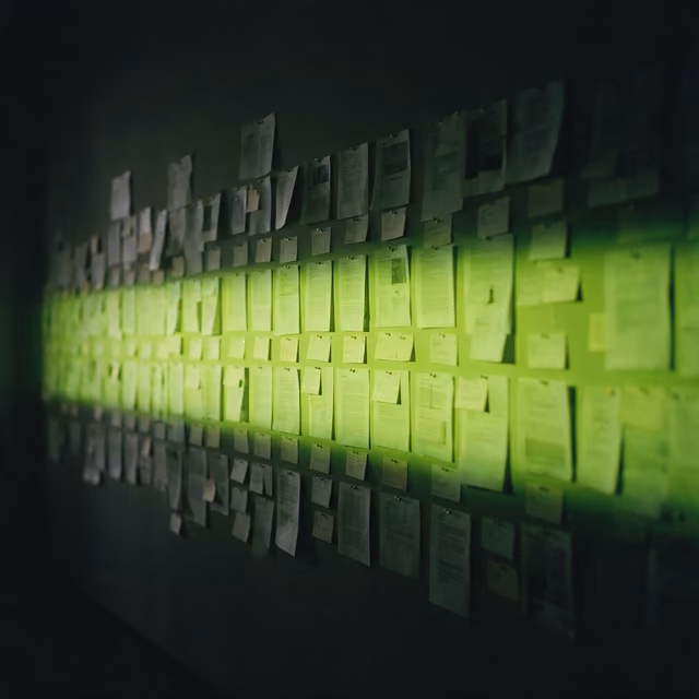 A studio wall of pinned printed sheets, lit by a narrow band of green.