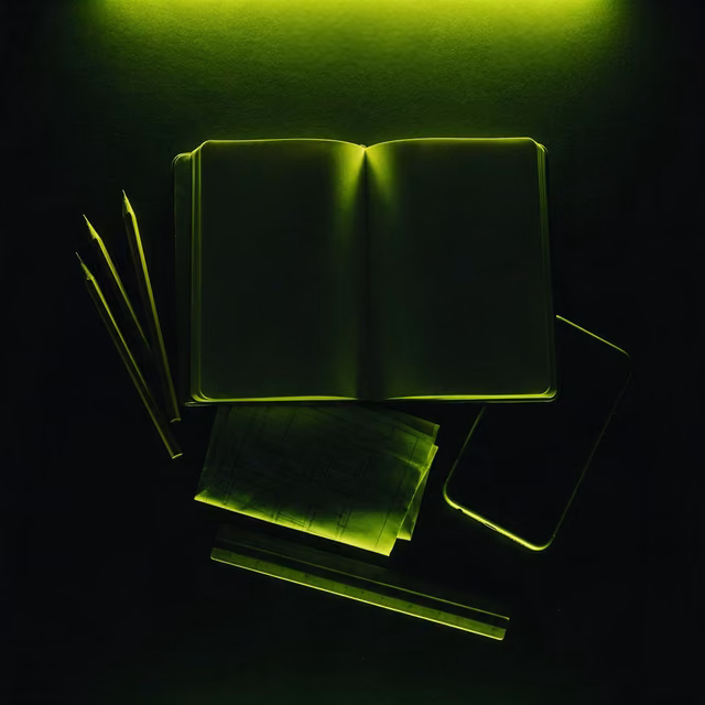 A workbench from above — notebook, pencils, a folded wireframe sheet — edged in green light.